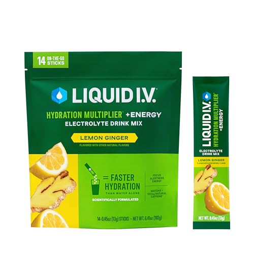 Version 1.0.0 Liquid I.V.® Hydration Multiplier® +Energy - Lemon Ginger - Hydration Powder Packets | Electrolyte Powder Drink Mix | Convenient Single-Serving Sticks | Non-GMO | 1 Pack (14 Servings) - Image 1