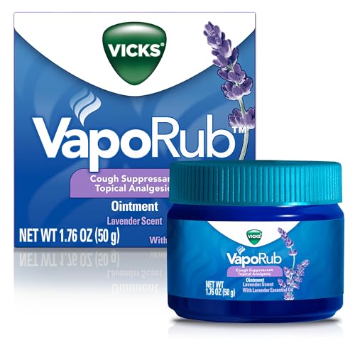 Vicks VapoRub, Lavender Scent, Cough Suppressant, Topical Chest Rub & Analgesic Ointment, Medicated Vicks Vapors, Relief from Cough Due to Cold, Aches & Pains, 1.76oz