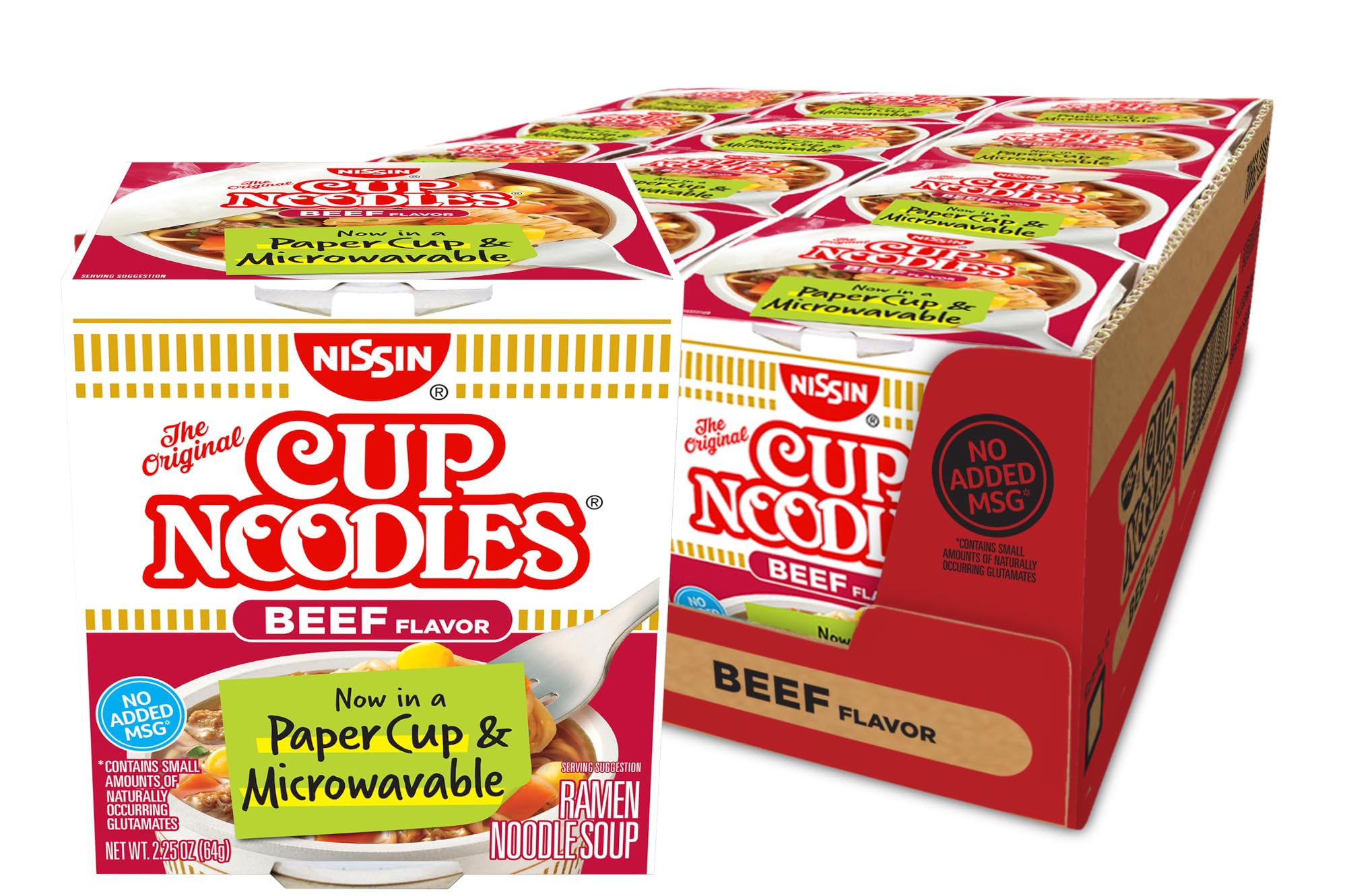 Nissin Cup Noodles Soup, Beef Flavor, Microwaveable Paper Cups, Instant Ramen, 2.25 Ounce (Pack of 12)